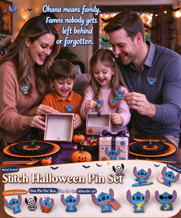 Family celebrating Halloween with Stitch pins